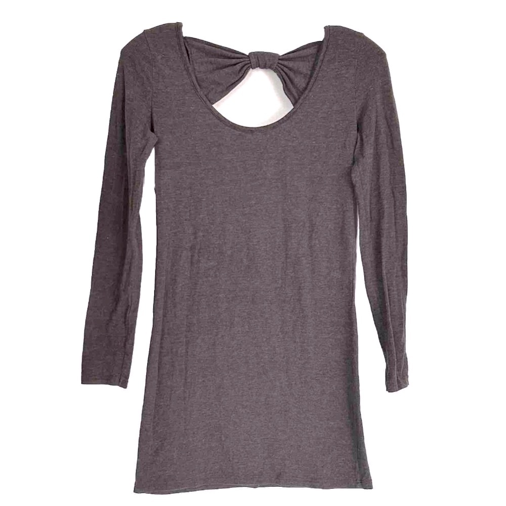 Forever 21 Long Grey Cotton Long Sleeve Top with Bow Back Round Neckline Gray